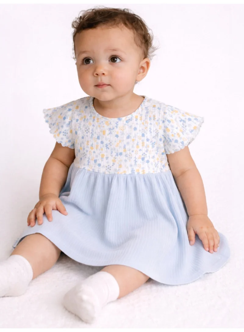 فكتور اند جين Infant Girls Drop Needle Dress with Floral Top & Blue Stripe Skirt